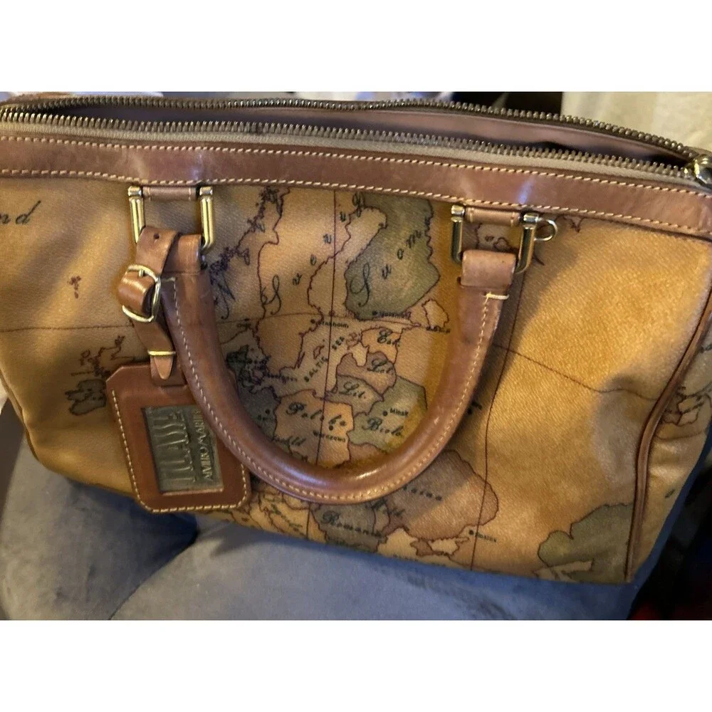 Alviero Martini World Geo Map Boston Satchel Italy canvas cognac leather good!